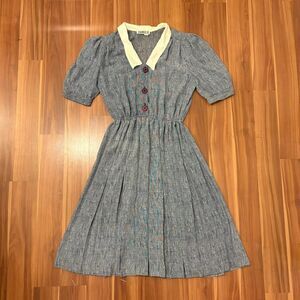 80s sailor summer autumn blue peter pan dress with buttons and cute white collar